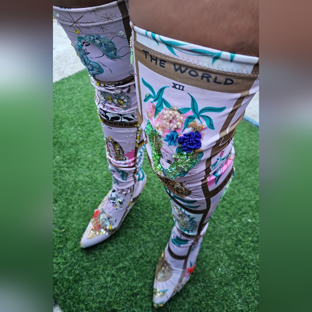 Custom made tarot unique designer thigh high boots